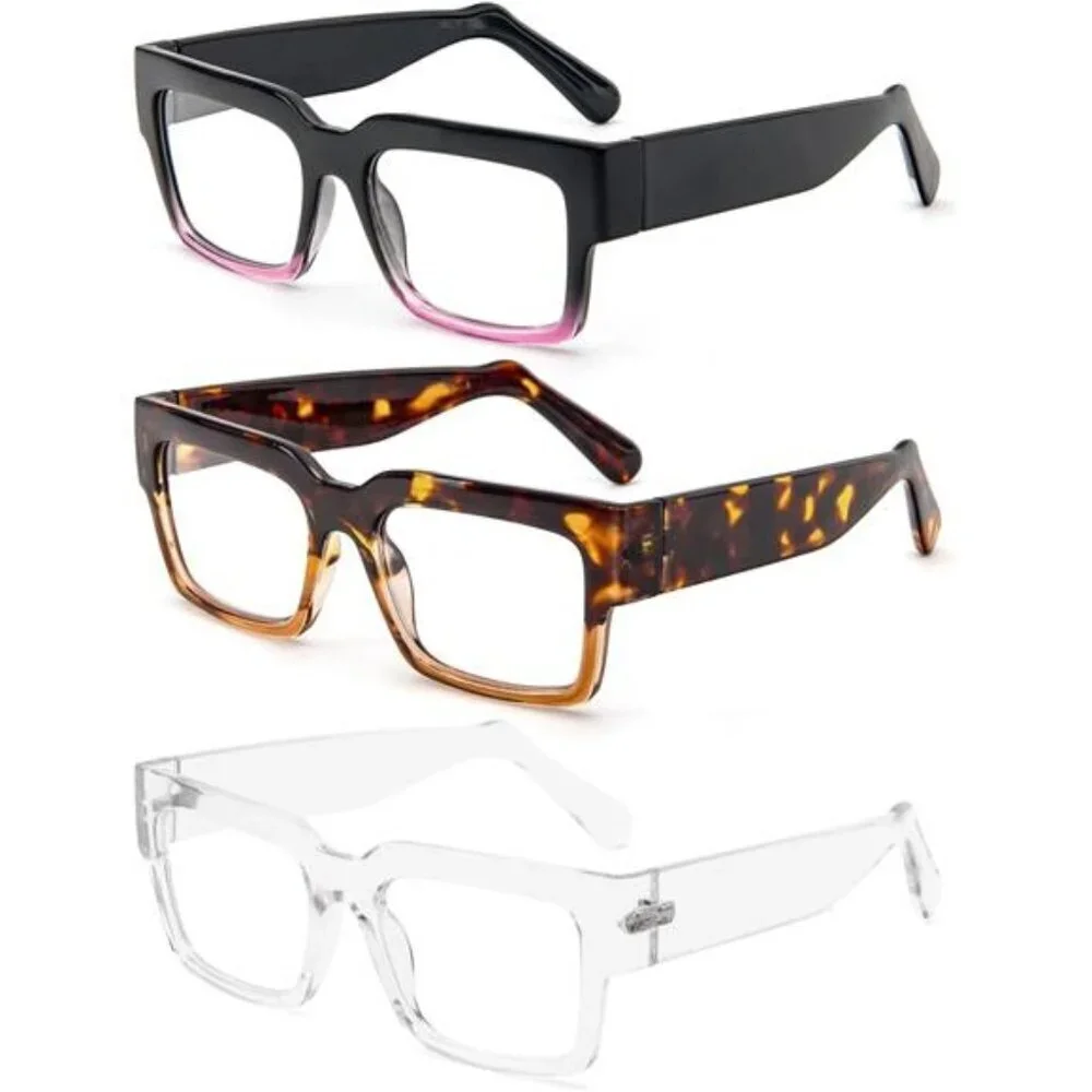 3-Pack Oversized Readers Trendy Thick Frames in Clear, Tortoise, and Black Ombre